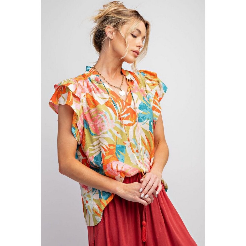 Easel Plus Sage Floral Print Peach Blossom Notched Neck Tops - Picture 4 of 5